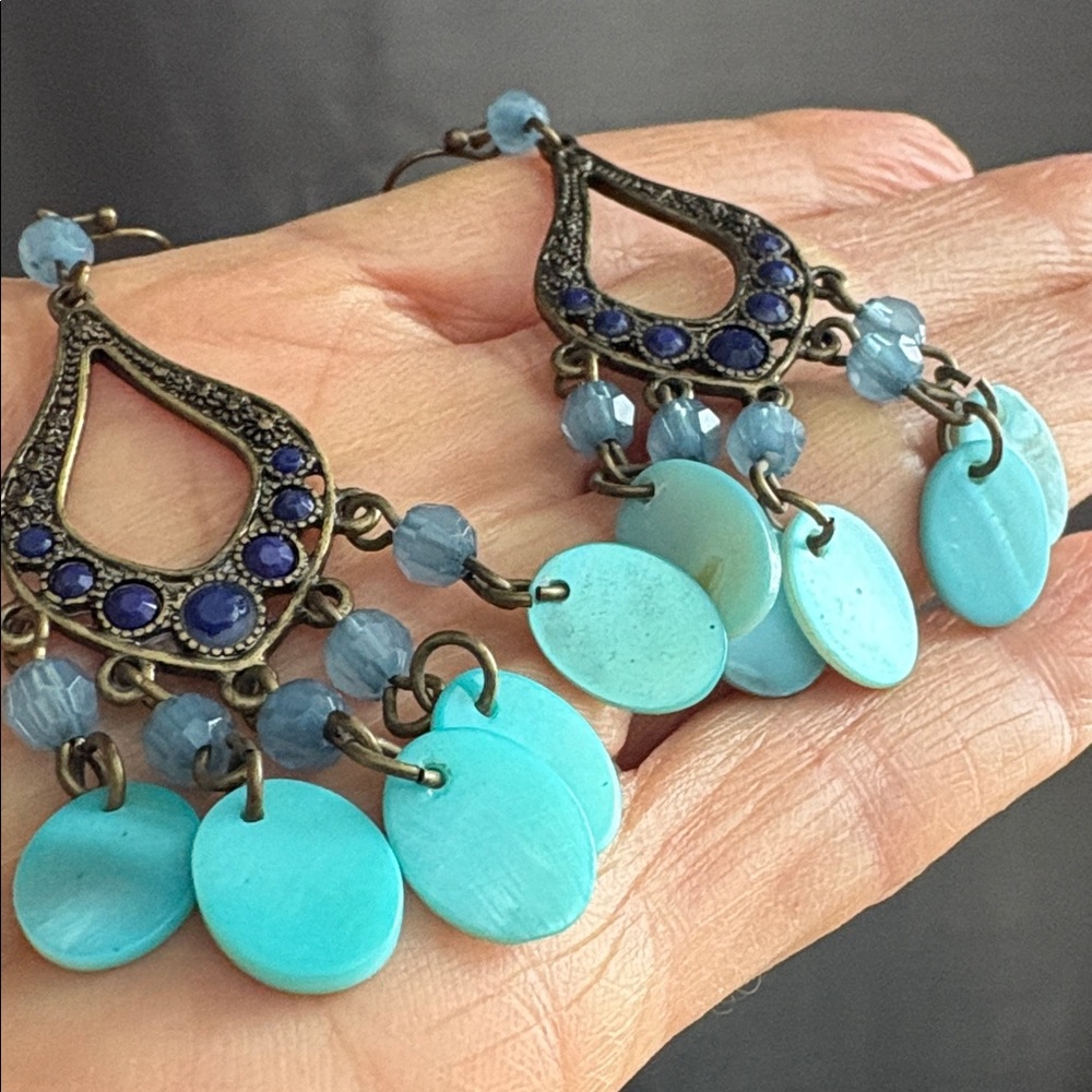 Vintage Avon 2011 Turquoise MOP Dangle Earrings Boho Blue Gold Tone Statement